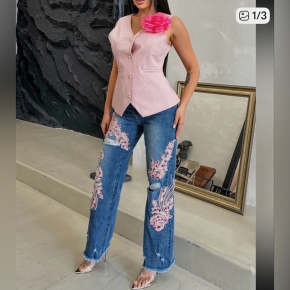 Denim Love Denim - BNWT Denim Love faded medium wash pink rhinestone and lace embellishment jeans